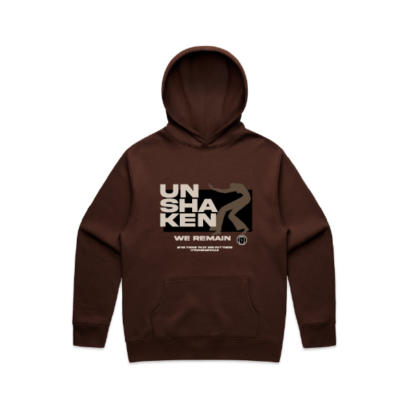 Brown hoodie with 'Unshaken' graphic on a white background