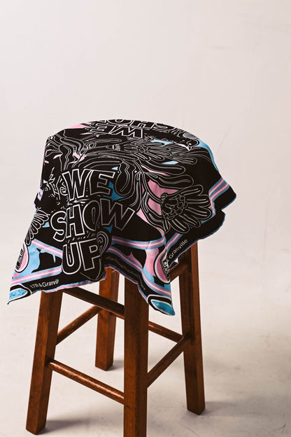 Trans Pride Bandana on a stool featuring the colors of the trans pride flag