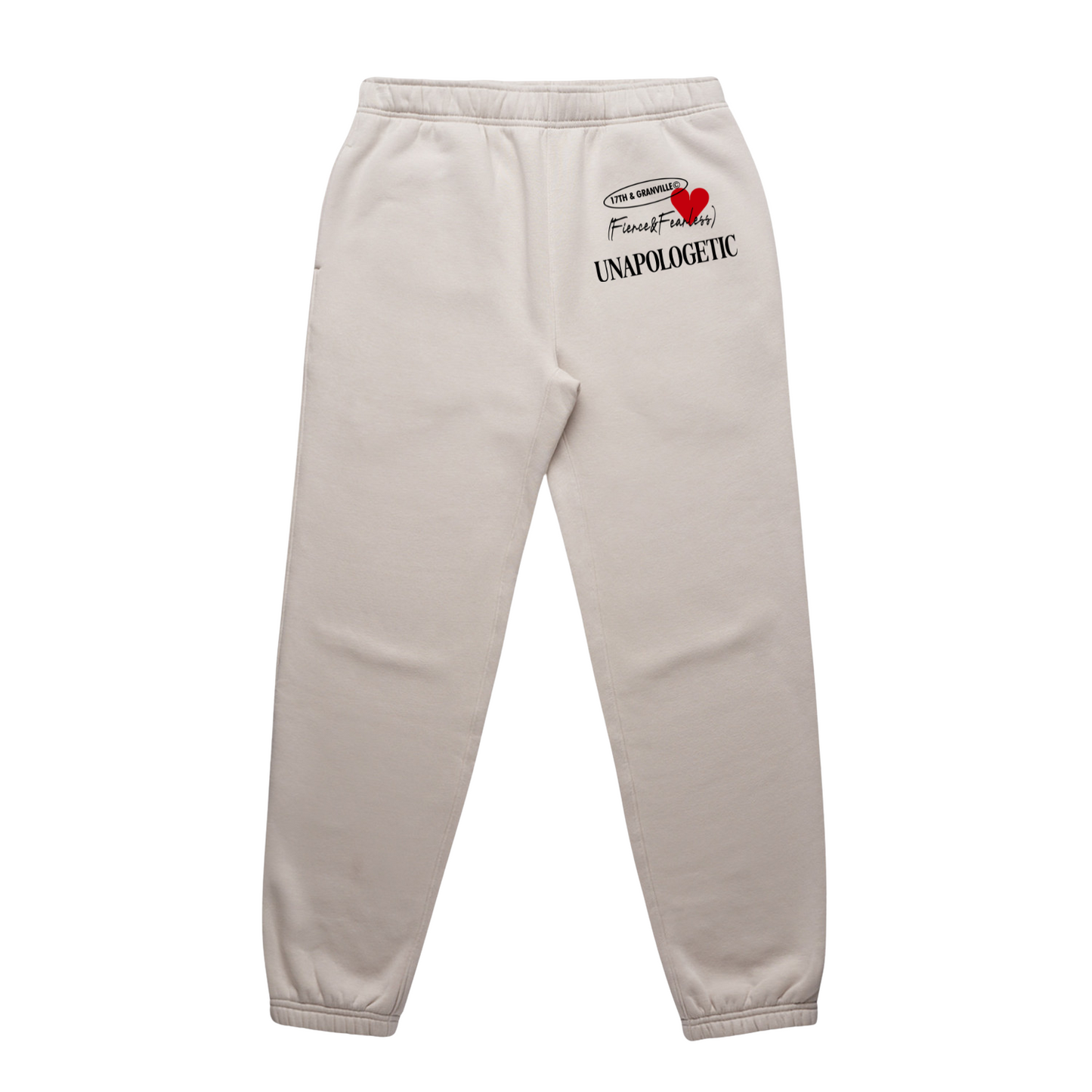 Unapologetic Fierce and Fearless sweatpants in bone color.